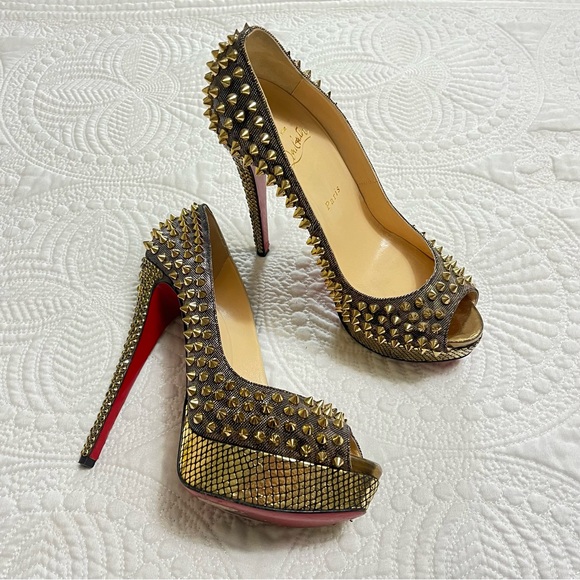 Christian Louboutin Shoes - CHRISTIAN LOUBOUTIN Lady Peep Spike 150mm Gold Metallic Strass Rare Size 39